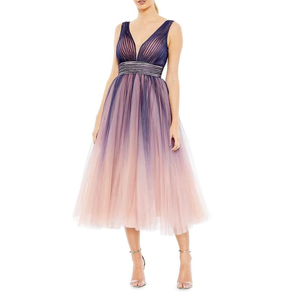 Mac Duggal Tea Length Purple Ombre Tulle Fabric A-Line Dress Size 10 $398 20403